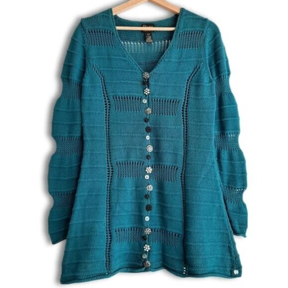 PURE HANDKNIT | Chunky Knit Cardigan Tunic Sweater Teal Sz S/M - Picture 1 of 13